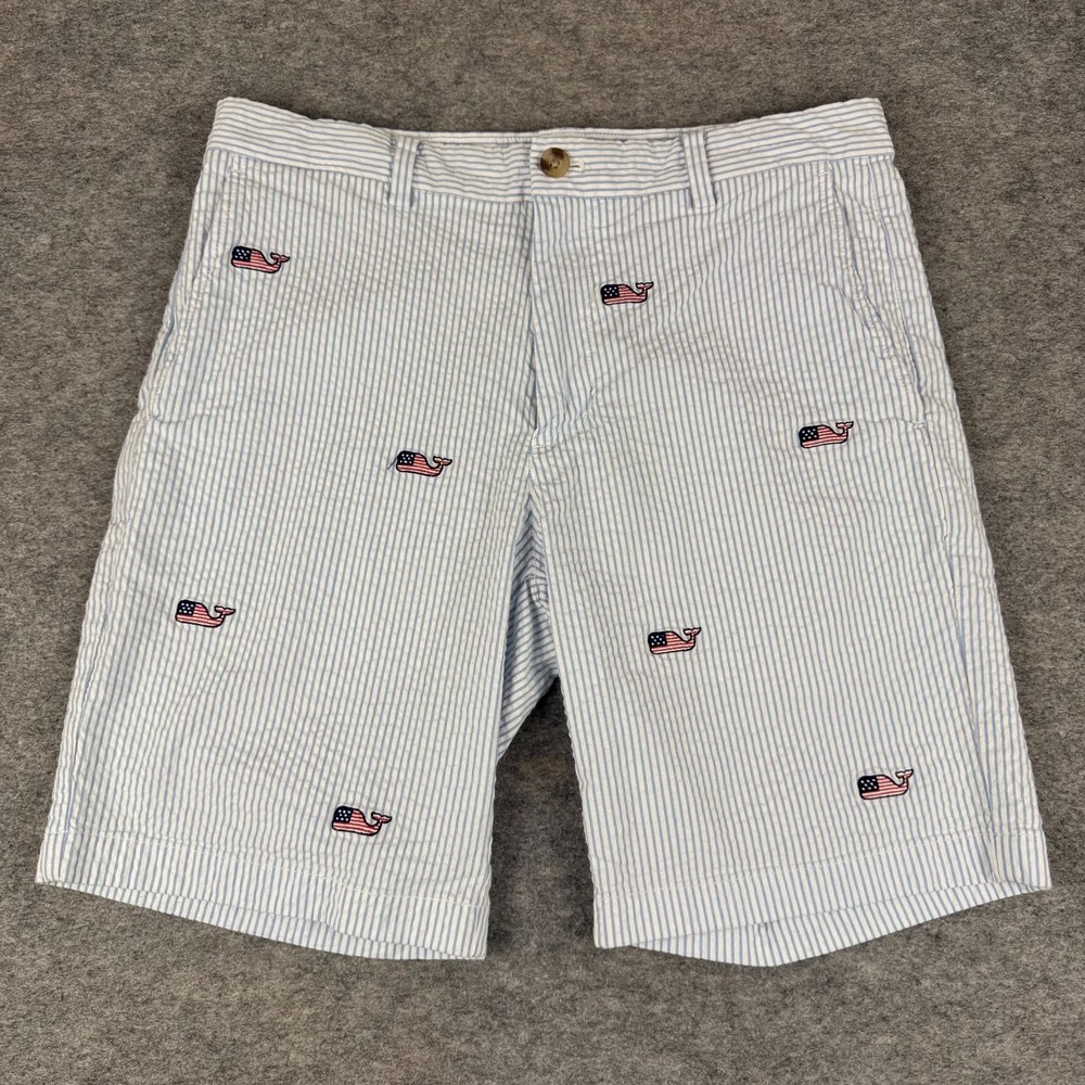 Vineyard Vines Seersucker Breaker Shorts 9" USA Flag Whales Striped Blue Mens 32